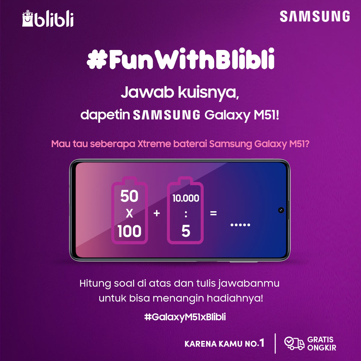 bliblidotcom's tweet image. Oke oke, yuk bagi-bagi Galaxy M51‼️ Caranya:

1. Follow @bliblidotcom
2. Hitung soal matematika di gambar
3. Reply dengan hashtag #BlibliDiHatikuSelamanya #GalaxyM51xBlibli #SobatAntiLowbat &amp;amp; mention @samsungID 
4. Retweet &amp;amp; like tweet ini
5. Periode 27-2 Nov.

Good luck! 🚀🌌