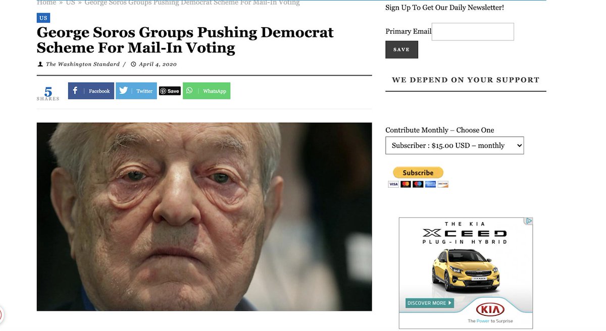 The Washington Standard falsely suggests mail-in-voting is being used to steal the election and claims that voter fraud is part of philanthropist George Soros’s “diabolical agenda.”  @PUMA and  @Kia are you aware Google is placing your ads on sites spreading misinformation?