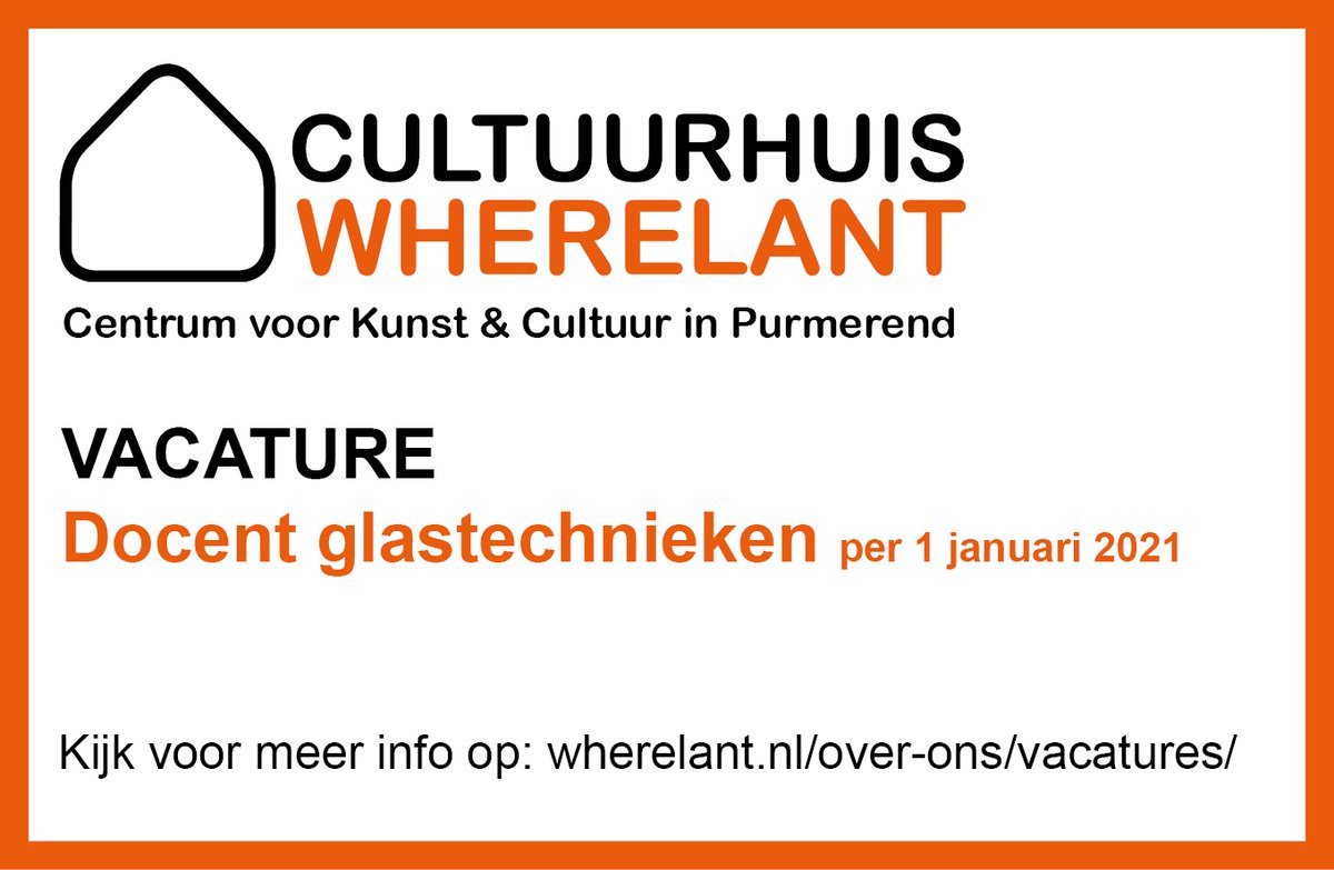 Wij zoeken per 1-1-2021 een docent voor glastechnieken.   Bij voorkeur een docent die glas in lood, Tiffany en/of glasfusen beheerst, met een bevoegdheid op HBO niveau. Meer info: wherelant.nl/over-ons/vacat…
#culturelevacature #vacature #purmerend #kunsteducatie