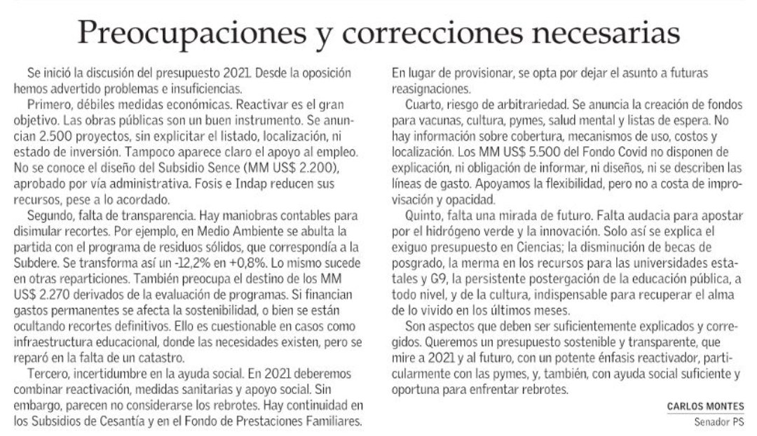 SenadoresPS's tweet photo. Senador @carlosmontestwt por #Presupuesto2021: debe ser sostenible y reactivador; hay falta de transparencia; hay incertidumbre en la ayuda social; existe riesgo de arbitrariedad en cobertura, costos y mecanismos de uso de fondos; y falta una mirada de futuro y con audacia. https://t.co/9QKfTA9I2Z