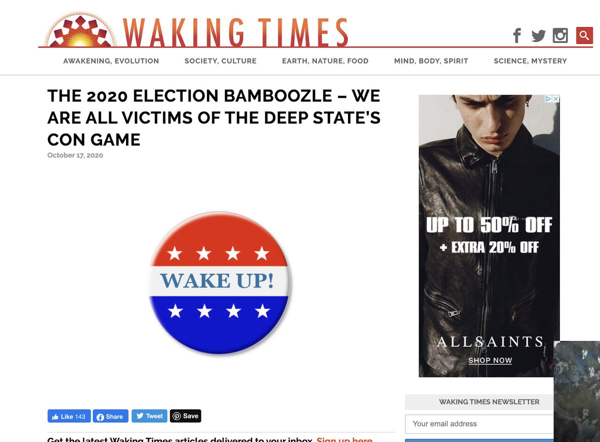 This article in the Waking Times suggests that “terrorist attacks, pandemics, [and] civil unrest” are all “manipulated crises” designed to influence elections. @AllSaintsLive did you know you are supporting these dangerous conspiracy theories?