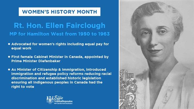 pktories's tweet photo. From @PCwomenON : October is Women's History Month. To celebrate the trailblazers and pathfinders, we are recognizing some of the Conservative women who inspire us. Today we recognize the Hon. Ellen Fairclough MP for Hamilton West from 1950-1963. https://t.co/tCuQhHbNWH