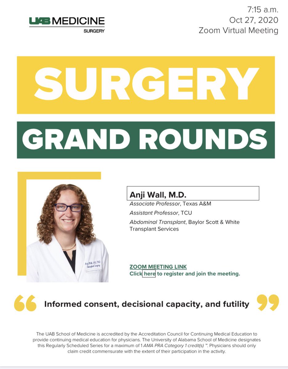 DChu80's tweet photo. Baylor transplant surgeon Dr. Anji Wall @anjiwall sharing her expertise on #ethics and #consent as @UABSurgery #virtual #grandrounds #visitingprof @AcademicSurgery @herbchen @KristyBroman @AshleyHolderMD @LoupesLoveMD https://t.co/mZ0A8T0i2o