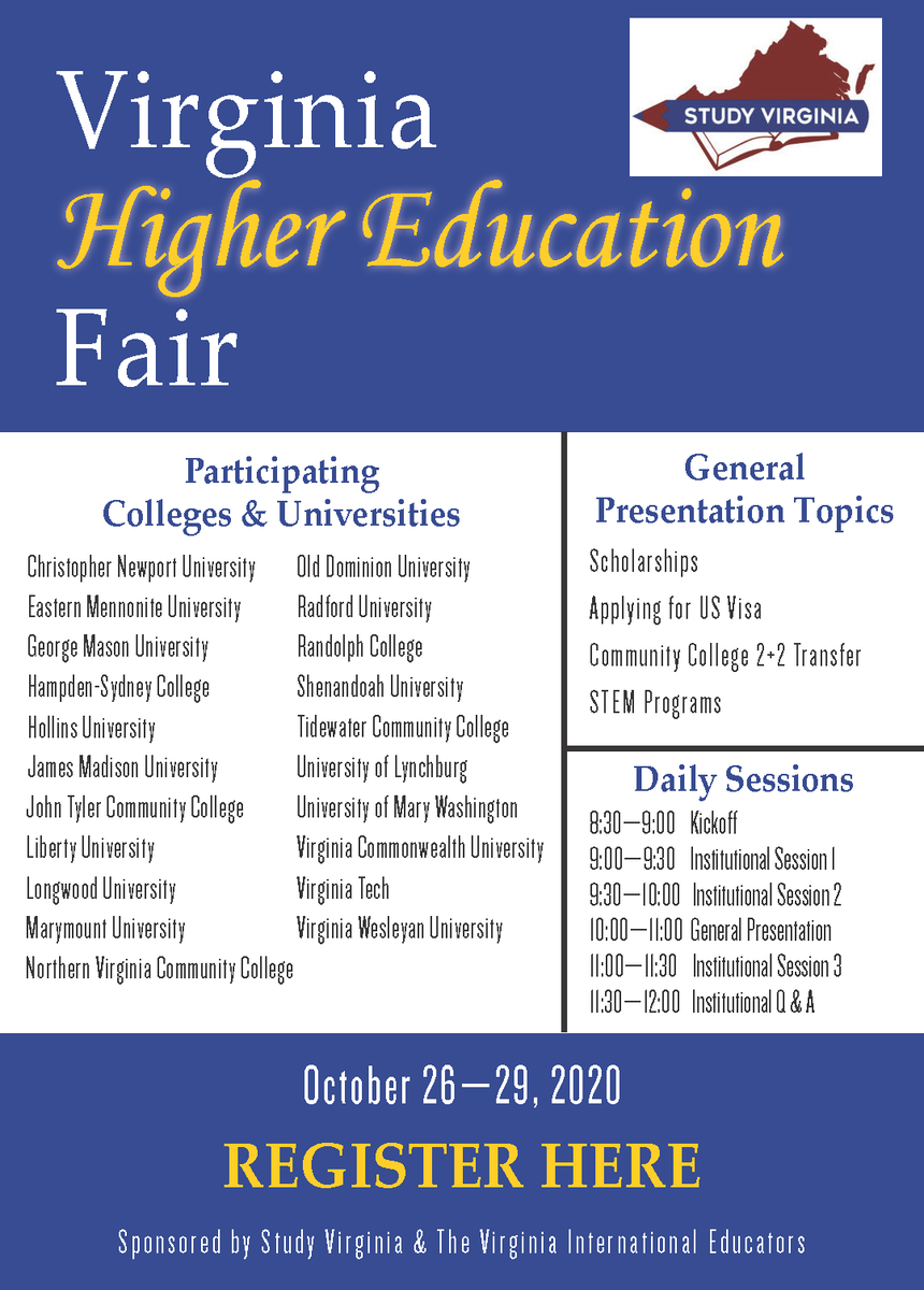 TCCIntlStudents's tweet photo. Meet w/ TCC's international student advisor &amp; representatives from a host of other VA colleges &amp; universities at the Virginia Higher Education Fair! The Fair will run until this Thursday, so it's not to late to join: https://t.co/usRz7s2Vlx

#StudyVirginia https://t.co/364GJa6gX6