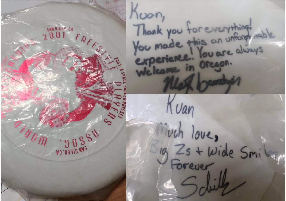 I would like to share a piece of fancy disc with you.
It comes from 2004, three masters of fancy disc were invited to perform in Taiwan by one of our best customer. One of them was a legend of fancy disc, he gave this disc as gift to my customer. Do you know who he is?