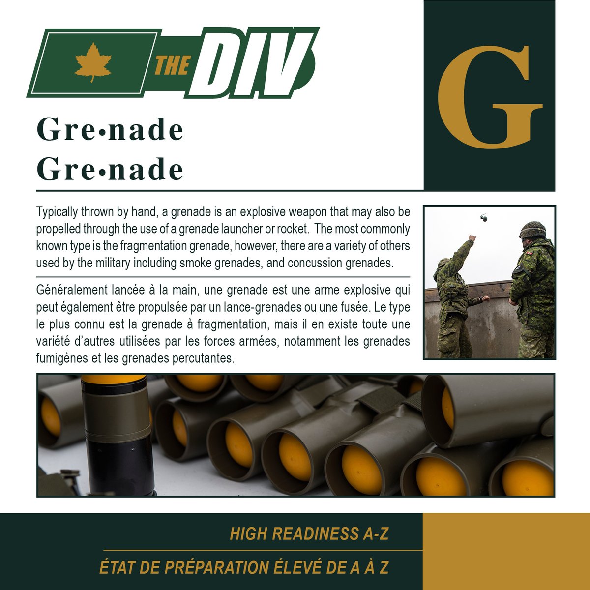 4CdnDiv4DivCA's tweet photo. Cette semaine, dans l’édition de l’Alphabet de l’État de préparation élevé de #LaDiv: La lettre “G”!
G pour grenade!
Les grenades peuvent être lancées à la main, par un lance-grenade ou par une fusée.
Quelle est votre lettre “G”?
@2divca_2candiv @3CdnDiv3DivCA @5CdnDiv @33_GBC https://t.co/0jsbbDfzYh
