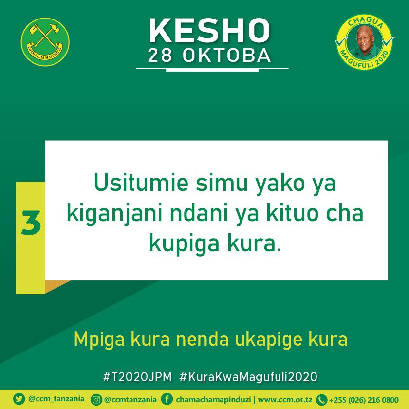 Mambo muhimu ya kuzingatia ufikapo katika kituo cha kupigia kura ili kupata Haki yako ya kuchagua Wagombea Urais, Ubunge na Udiwani kupitia Chama cha Mapinduzi(CCM).

#ChaguaCCM 
#KuraKwaMagufuli2020 
#T2020JPM 
1/2