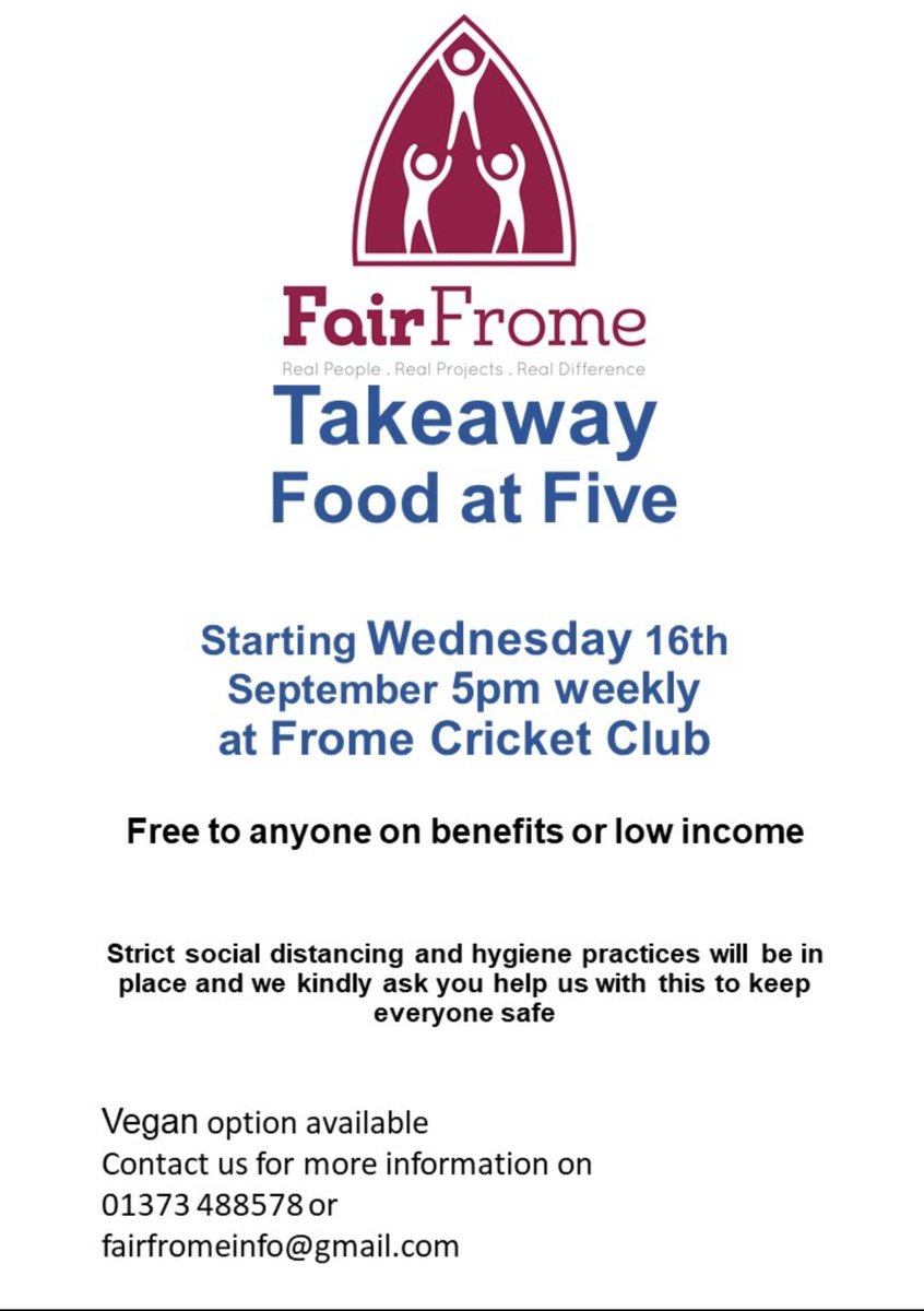 FairFrome's tweet photo. Don't forget our Food at Five hot takeaway suppers. Free to anyone on benefits or a low income. Mon Christchurch School, Wed Cricket Club, Thursdays Trinity Hall car park. Runs every week. https://t.co/jlhp0eY30i