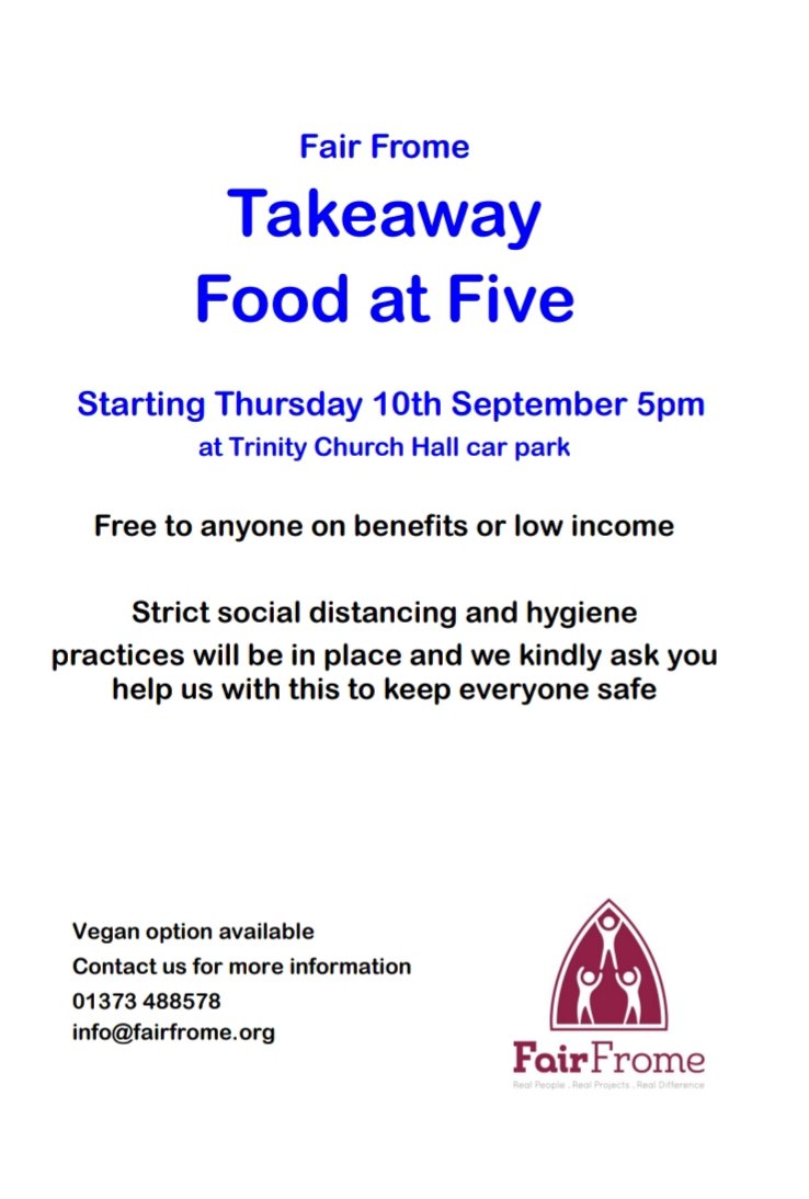 FairFrome's tweet photo. Don't forget our Food at Five hot takeaway suppers. Free to anyone on benefits or a low income. Mon Christchurch School, Wed Cricket Club, Thursdays Trinity Hall car park. Runs every week. https://t.co/jlhp0eY30i