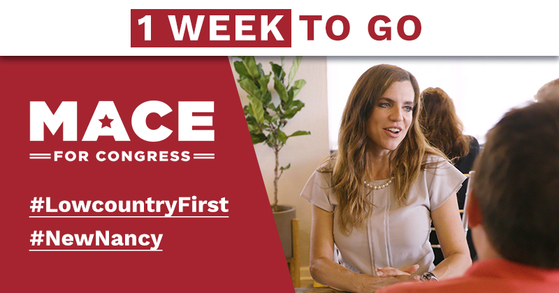 NancyMace's tweet photo. Want to send a #NewNancy to Congress? A Nancy who will put the #LowcountryFirst?
There’s only one week left until Election Day. If we push harder than ever, we can restore real leadership to #SC01. GET OUT AND VOTE! https://t.co/CwA2M4PQjI #Election2020 https://t.co/diUoPElitT