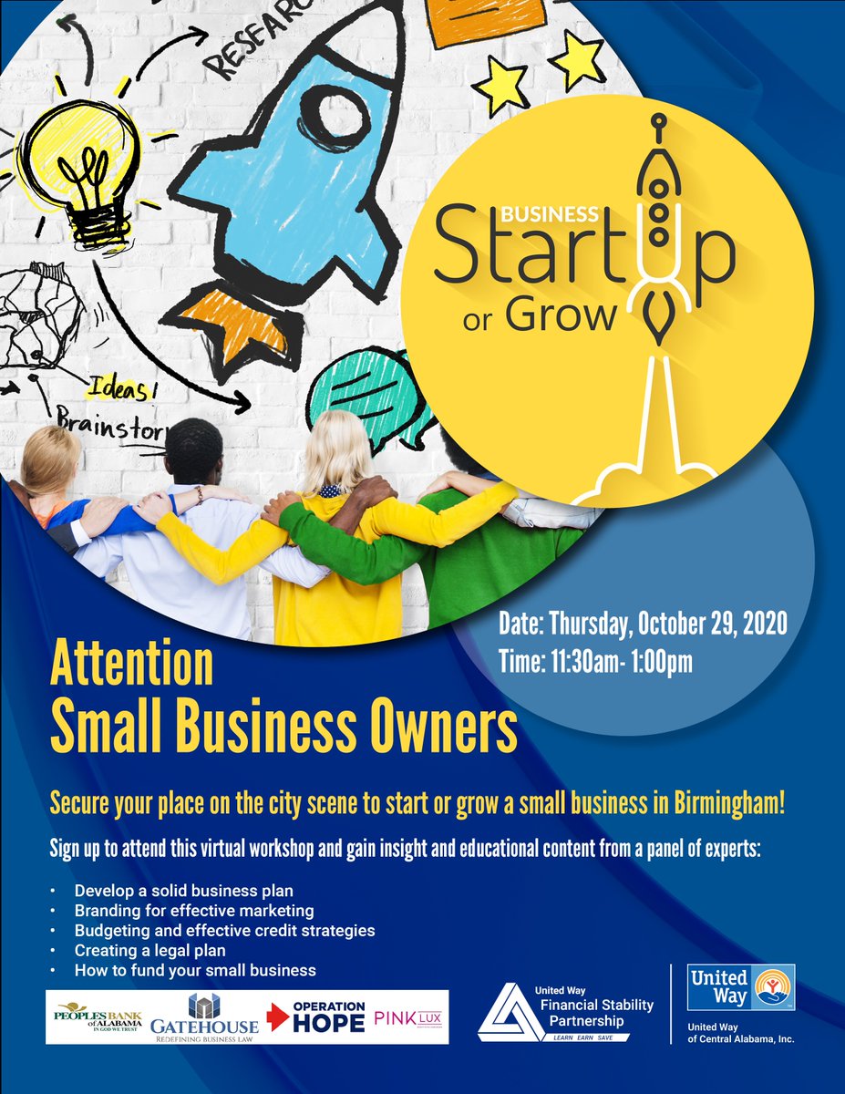 UNITEDWAYAL's tweet photo. ATTENTION SMALL BUSINESS OWNERS
Register today for our free workshop on Oct. 29th to help you start or grow a small business in Birmingham! https://t.co/aP3pgGXnzN https://t.co/k5KaM49HMO