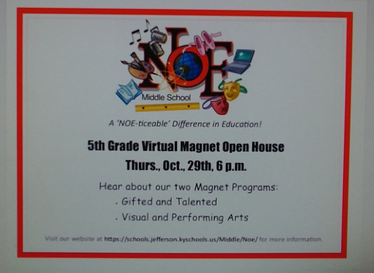 Noe_JCPS's tweet photo. Join us on Thursday, October 29, for our Virtual Open House @Noe_JCPS.   Our presentation will be posted that morning on Facebook, Twitter, and our website.  View the informational video throughout the day.  We will host a Facebook LIVE at 6:00 PM that night to answer questions. https://t.co/eRXFAotQAg