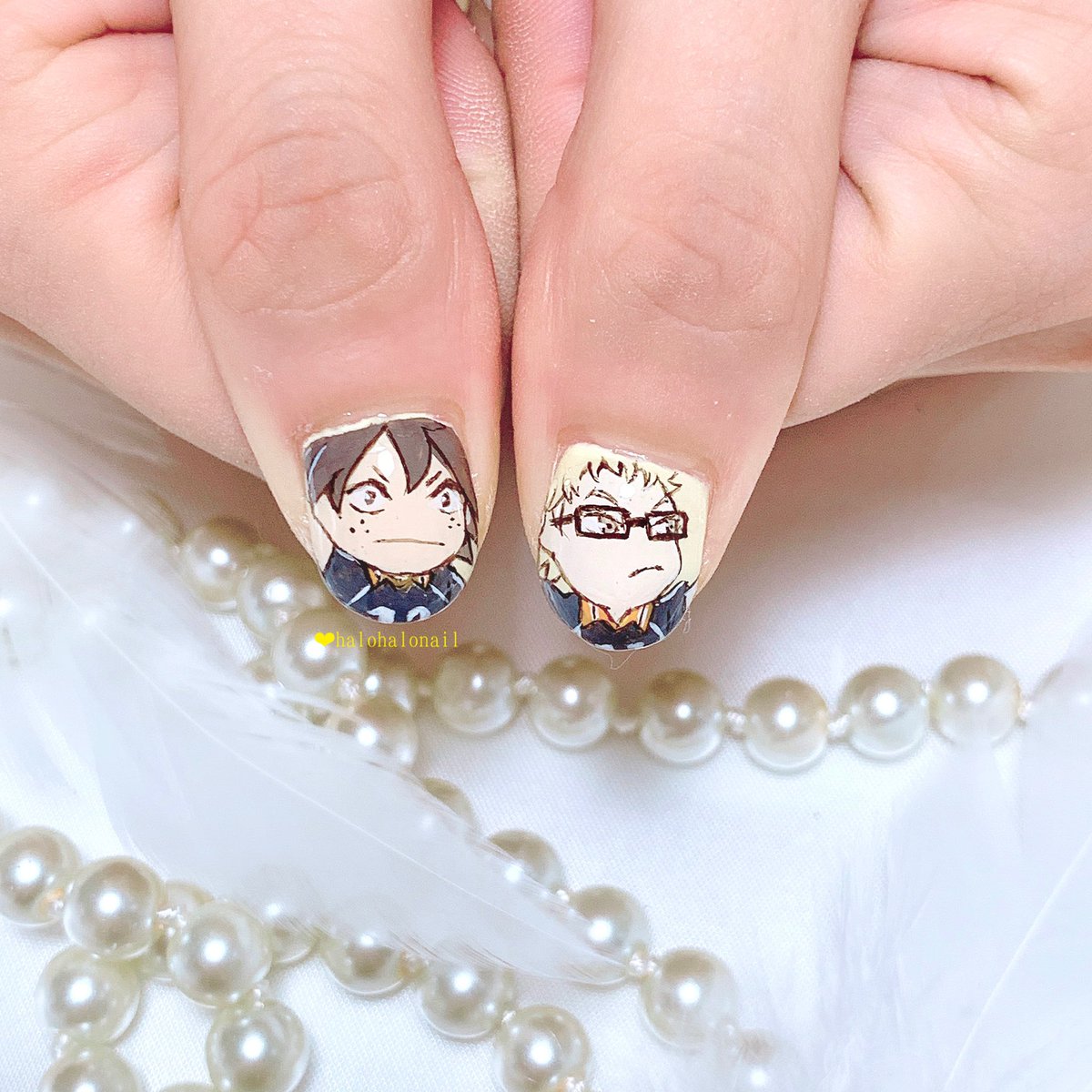 ハロハロネイルふじもと Petit 大阪 痛ネイル お客様nail ハイキューの月島蛍くんと山口忠くん描かせていただきました 痛ネイル キャラネイル 模写ネイル 手書きネイル ハイキュー Hq ハイキューネイル 山口忠 月島蛍 痛ネイル大阪