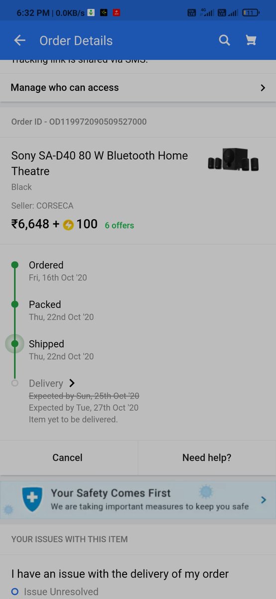 RomitChandrakar's tweet photo. @flipkartsupport I had ordered  Sony Home theatre on 16 Oct expecting to reach by 25 oct as mentioned then it extended to 27 but still not delivered, I had been assured timely delivery by executive today on call, but no response, it's been 12 days,

Order OD119972090509527000 https://t.co/SZlbLlObbs