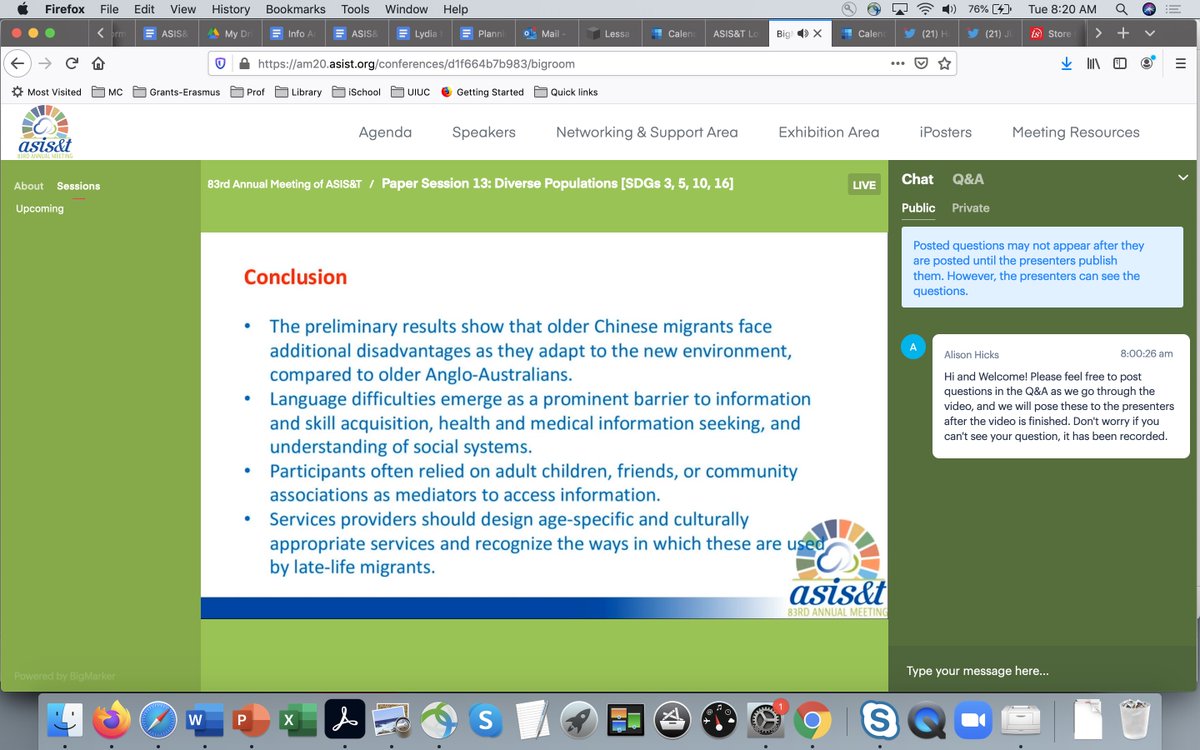 lis_prof's tweet photo. Preliminary results of @dujiarainy co-authored paper "Late-Life Immigration, Transition Process, and Information Behavior Among Older Chinese Individuals in Australia" at #asist2020 paper session 13 on Diverse Populations (#SDGs 3, 5, 10, 16) https://t.co/8ILOEAFuGS