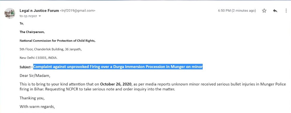 LLnjf's tweet photo. Complaint filed with @NCPCR_  against unprovoked Firing over a Durga Immersion Procession in Munger on minor and requested to order inquiry into the matter on this barbaric action of @bihar_police https://t.co/Ktq9etIZja