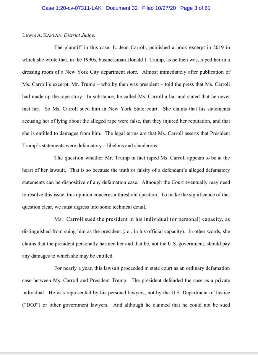 HOLY CRAPOpinion & Order DENIED Motion to Substitute Party.  @Potus is not an employee of the Government..Trumps allegedly defamatory statements concerning Ms. Carroll would not have been within the scope of his employment motion to substitute the United States DENIED