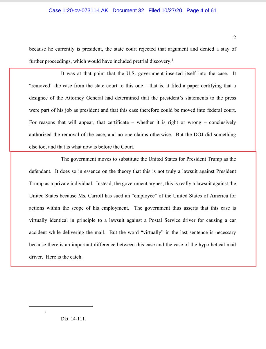 HOLY CRAPOpinion & Order DENIED Motion to Substitute Party.  @Potus is not an employee of the Government..Trumps allegedly defamatory statements concerning Ms. Carroll would not have been within the scope of his employment motion to substitute the United States DENIED