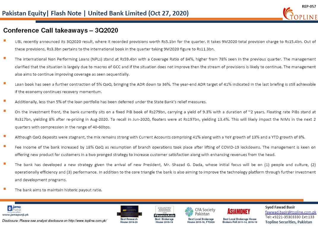 Topline Flash Note: United Bank Limited (UBL): Conference Call takeaways – 3Q2020
#PSX #KSE100 #FrontierMarkets #EmergingMarkets #Topline #Pakistan #PakistanStockExchange #Economy #COVID19 #Banks https://t.co/dPK26By6I4