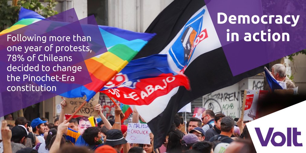 VoltEuropa's tweet photo. Chile has turned a significant page of its history. Following an extraordinary vote, 78,2% of Chileans voted to change the constitution and chose #ValueOverPower. We stand together with the people of Chile and celebrate with them this inspiring achievement. https://t.co/jUaTdXU1An
