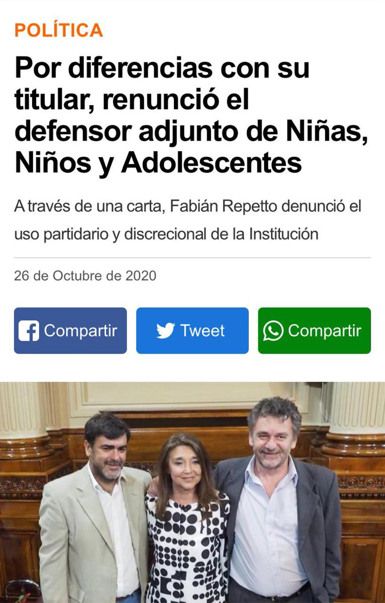 Lamento la renuncia de <a href="/fabianrepetto2/">Fabian Repetto</a>, un profesional con gran formación y trayectoria. Es una gran pérdida para la Defensoría. 
La Comisión Bicameral debe salir de su letargo y actuar YA para fortalecer y salvaguardar una institución que tanto costó construir <a href="/BeatrizMirkinOk/">Beatriz Mirkin</a>