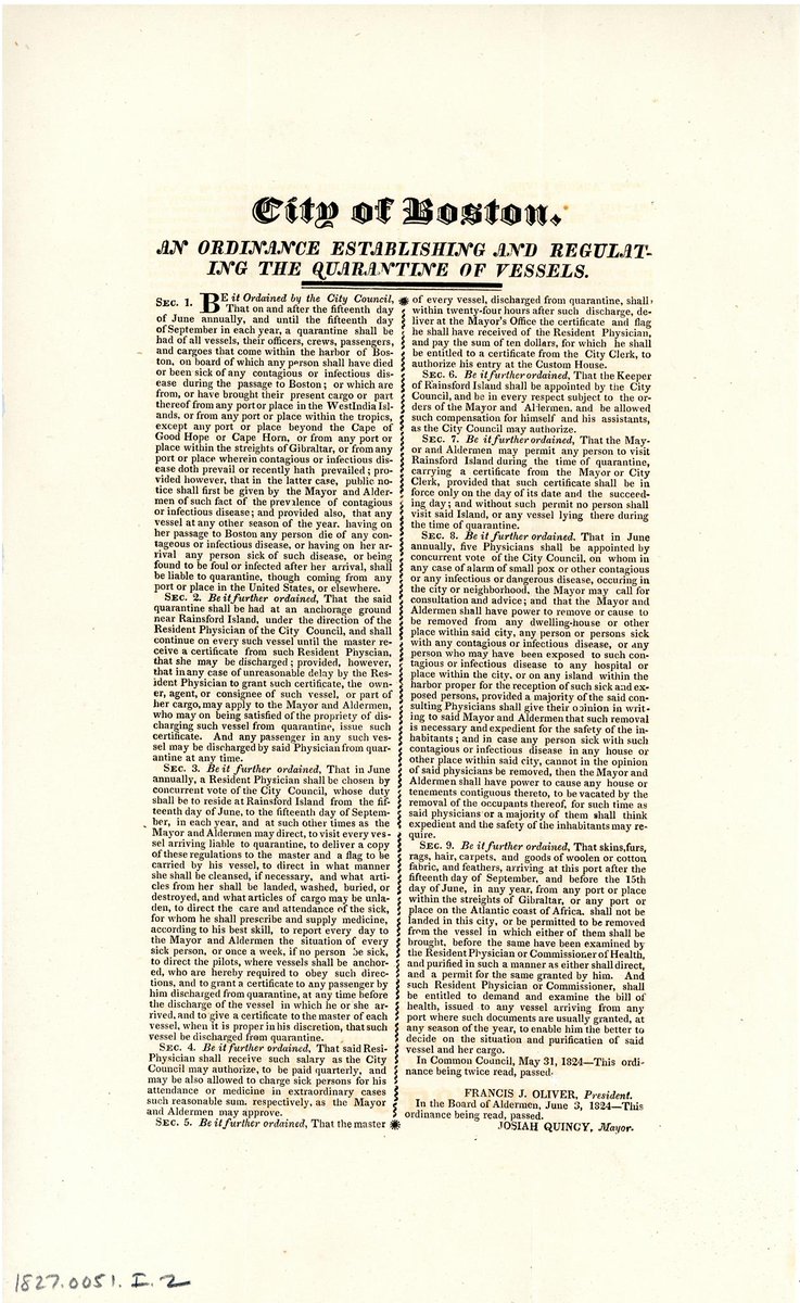 Boston's health officials used a variety of health strategies to fight these outbreaks including quarantines, sanitation, and vaccination. This 1824 ordinance is an example of the common practice of quarantining ships coming from locations known to be experiencing epidemics