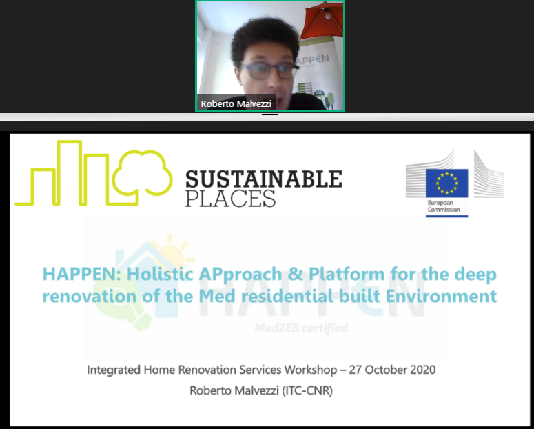 HAPPEN_PROJECT's tweet photo. 🔴 Live from @sustainplaces workshop on Integrated home #renovation services: our scientific coordinator Roberto Malvezzi from @CNRsocial_ presents the #MedZEB approach to improve #deeprenovation in the #Mediterranean area https://t.co/QJ36kUdjPO