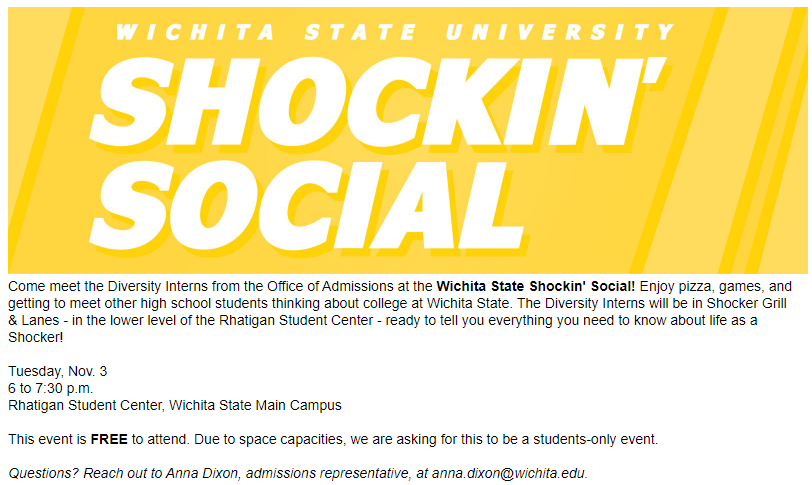 wheatweet's tweet photo. Our @wsudiversityint are hosting an in-person SHOCKIN' SOCIAL next week. It's a great opp to meet current college students &amp; #FutureShocker(s), in a fun space right on our campus. Masks, pre-registration are required &amp; good times are expected! 

🖥️: https://t.co/CzthJXIPoF https://t.co/6I7rEHnXKz