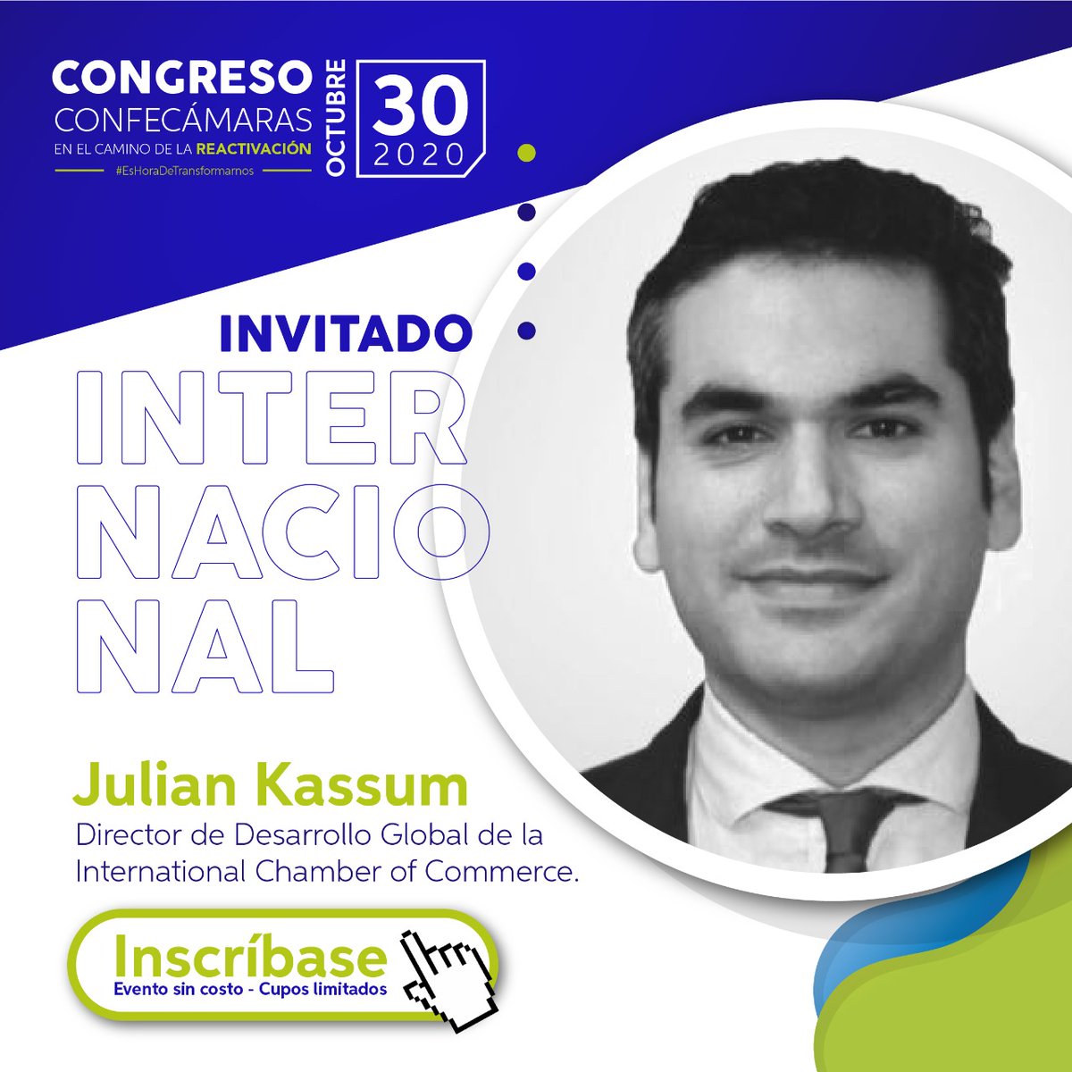 jkassum's tweet photo. El 30 de octubre participaré en el Congreso Virtual de Confecámaras, en el que hablaré sobre las propuestas de las Cámaras de Comercio del mundo y de la ICC para la reactivación económica. Inscripciones aquí: https://t.co/k9VqVFfytM
#EsHoraDeTransformarnos @iccwbo @WorldChambers https://t.co/JjkZ5UckEy