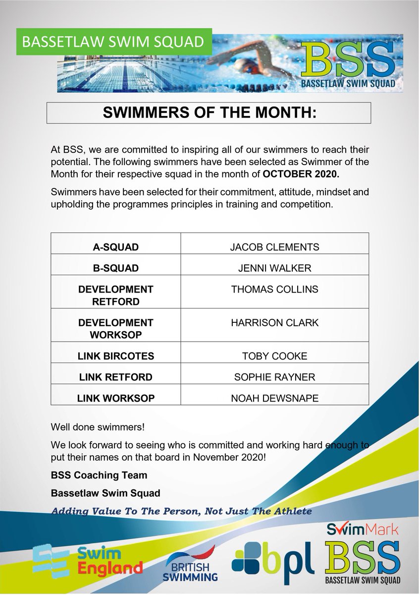 BassetlawSS's tweet photo. Swimmers of the Month for October!
Well done swimmers it's really difficult to choose 1 from hard working squads #Industry #Devotion #Integrity #Dependibility #Intrepidness #Determination #Swimming #SquadGoals #Performance #Swim #Training #Achievement #Proud #HardWork https://t.co/JsViP7LVBk