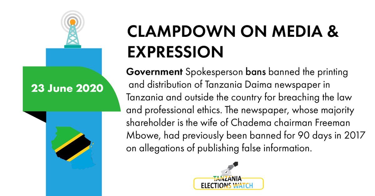 The newspaper, whose majority shareholder is the wife of Chadema chairman Freeman Mbowe, had previously been banned for 90 days in 2017 on allegations of publishing false information.