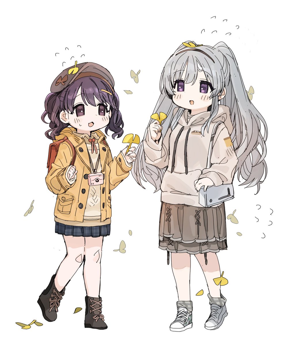 fukumaru koito ,yukoku kiriko multiple girls 2girls twintails ginkgo leaf purple eyes skirt backpack  illustration images