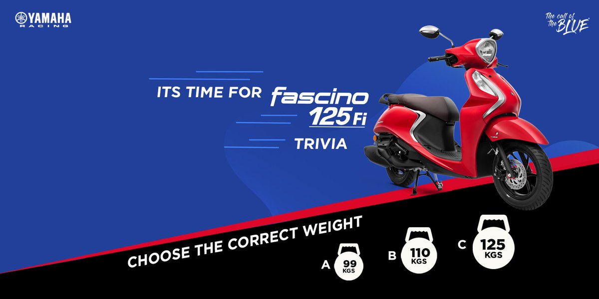 India_Yamaha's tweet photo. The fleet-footed Fascino 125 FI weighs __________ ?
.
.
Comment A, B or C as your answer!
#Yamaha #YamahaIndia #Fascino #Makeanimpression #Fascino #European #Europeanstyling #Light #Headlights https://t.co/7mtoUCAshs