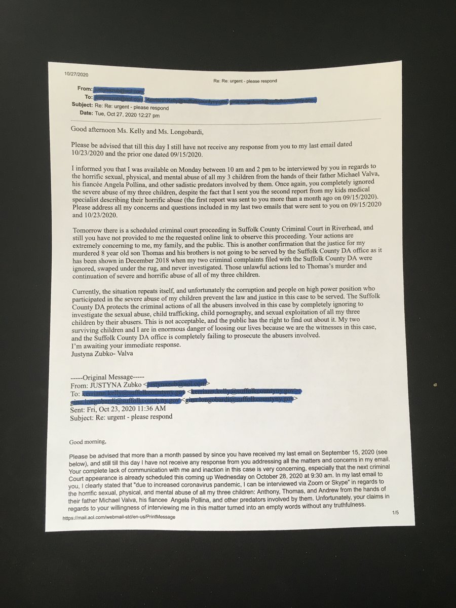 1) Hi everyone. I want to give you an update of what has been happening with the criminal case People vs. Michael Valva and People vs. Angela Pollina that is very concerning to me, my family, and to the public. For more than a month I have been requesting from the Suffolk County