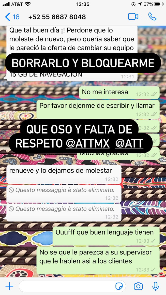 hayo05's tweet photo. @Profeco @ATTMx @ATTMxAyuda les pido que tomen cartas en el asunto, no es posible que con tal de que renueve mi línea y acepte sus promociones, que por cierto ME OFRECEN DIARIO y NO ME INTERESAN. Sus ejecutivos hablen de esa manera y falten al respeto así. Fue Marco Montalvo. https://t.co/lG3C0njzuf