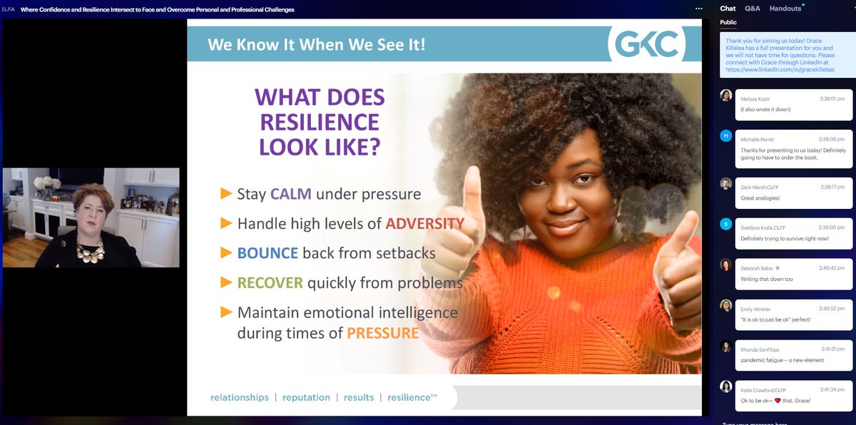 ELFAOnline's tweet photo. Terrific insights from Grace Killelea today in the session, "Where Confidence &amp; Resilience Intersect: Facing and Overcoming Personal and Professional Challenges - 'Plan G'" at #ELFA2020BusinessLIVE @gracekillelea https://t.co/wBhLFGKmd6