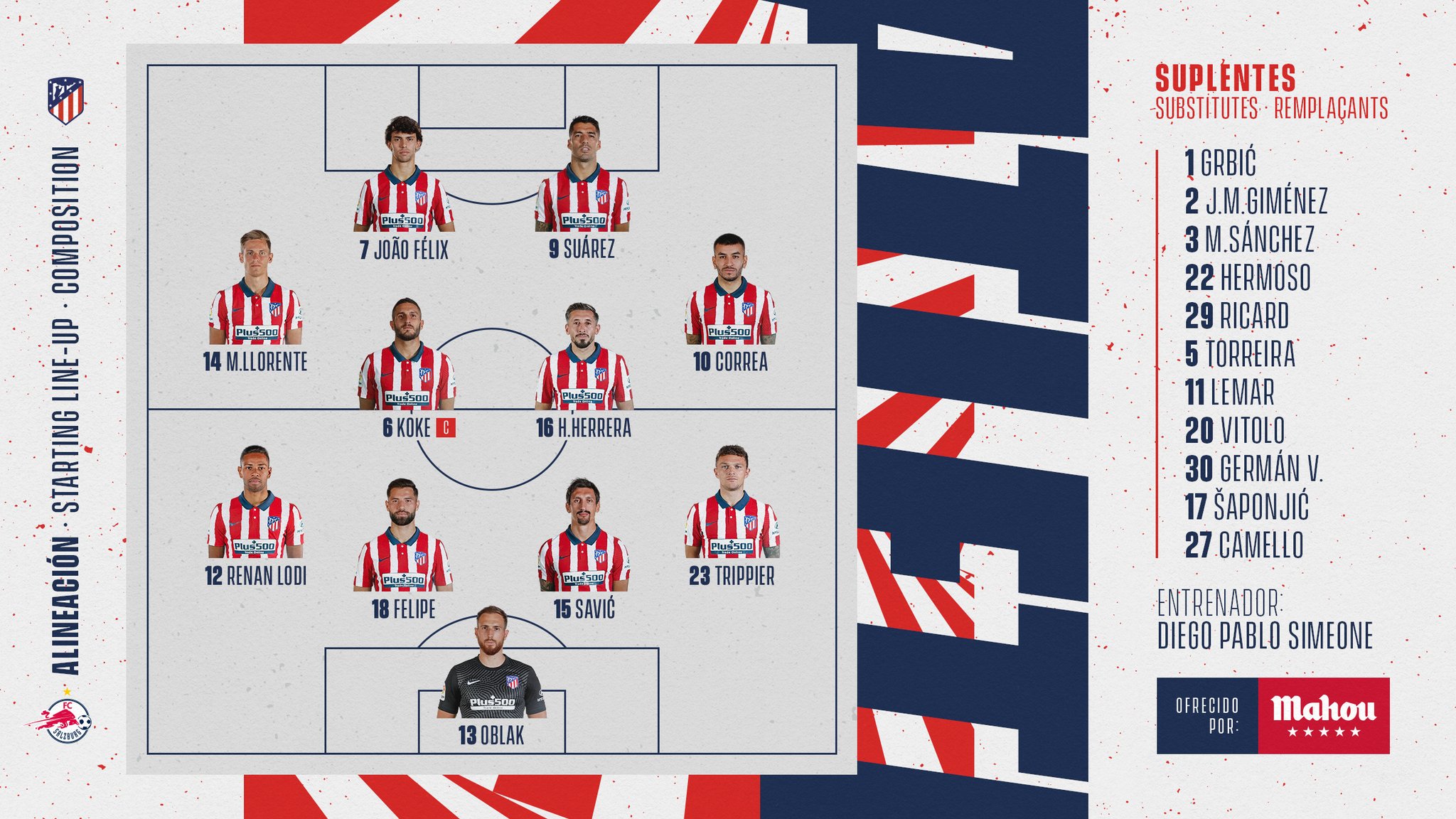 El once inicial de Simeone ante el Salzurgo.