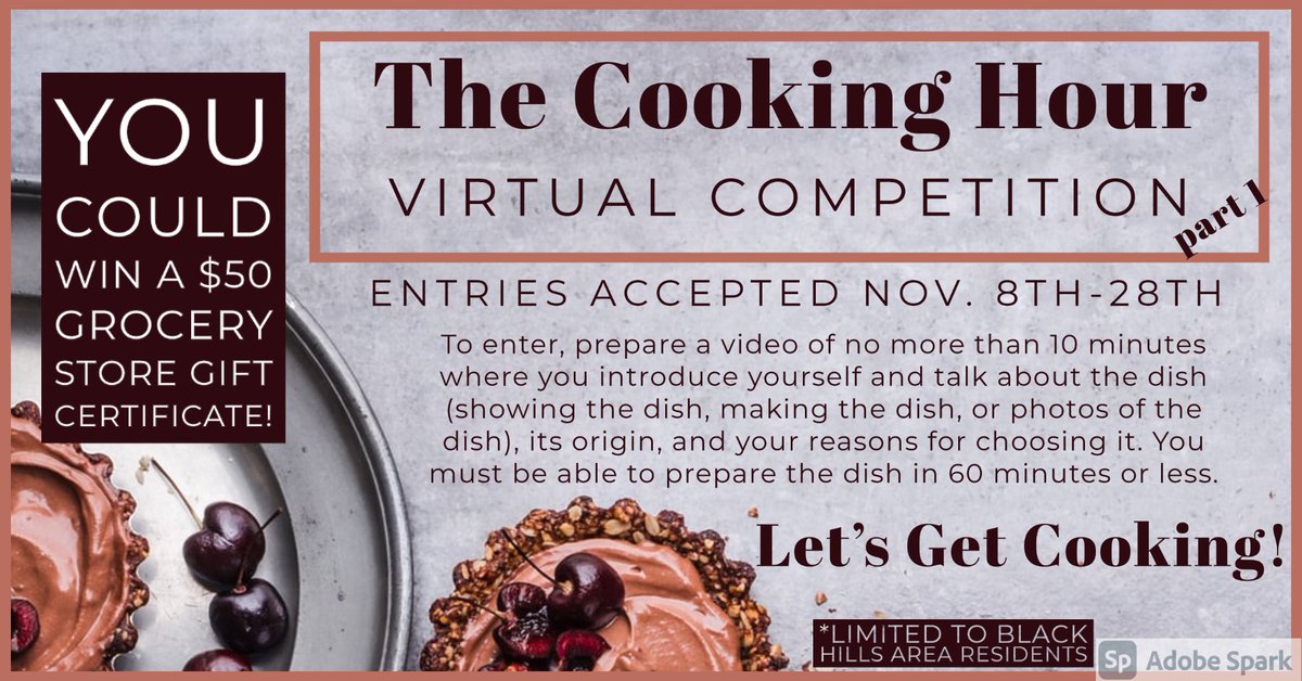 #VirtualCookingCompetition for all #BlackHills area residents! #Win a $50 grocery store gift card! Visit the event page for more information. 
fb.me/e/1STzqXhGp
