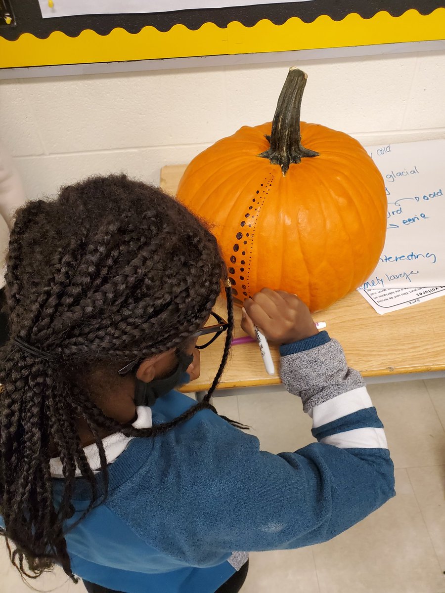 MsDestephanis's tweet photo. When art imitates life. Students explored the work of Yayoi Kusama over the last two weeks and even wanted to apply it to our class pumpkin. THANK YOU @Ms_PepallsClass  for the inspiration! https://t.co/oAEQUWYO6W
