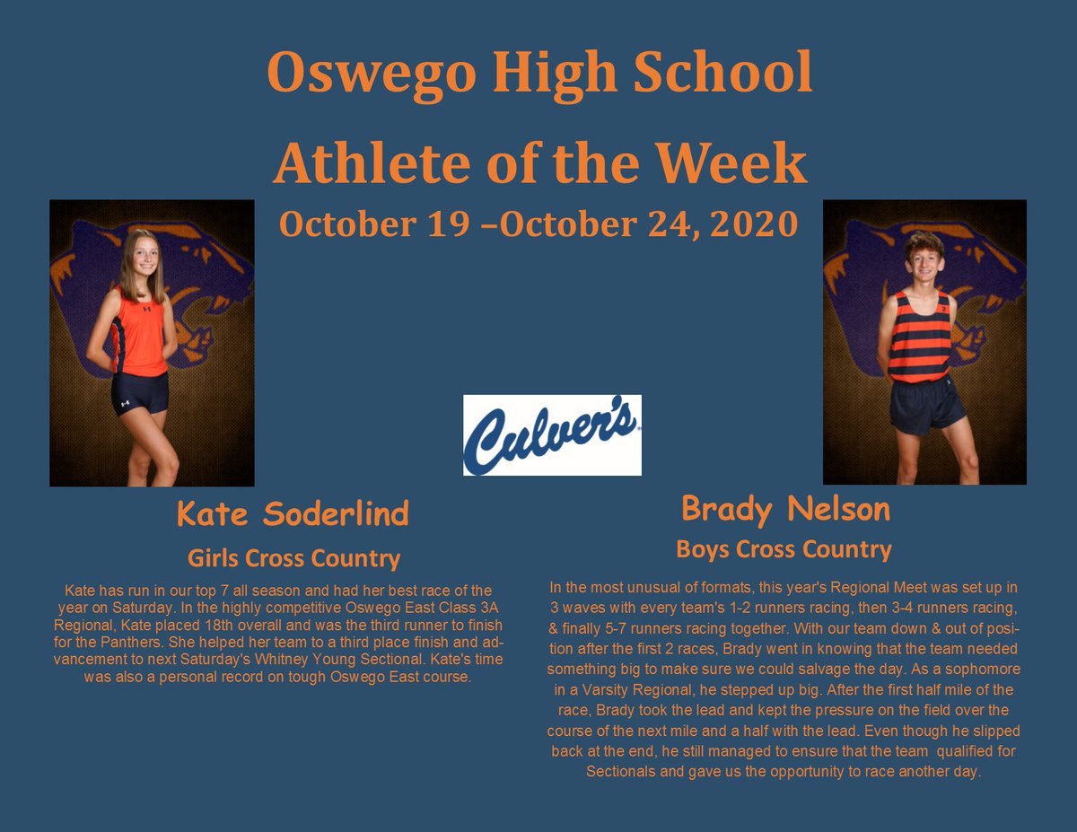 OHS_GoPanthers's tweet photo. Congratulations to our Female and Male Athletes of the Week! Kate Soderlind from Girls Cross Country and Brady Nelson from Boys Cross Country!!!!! https://t.co/yjwnphtj9n