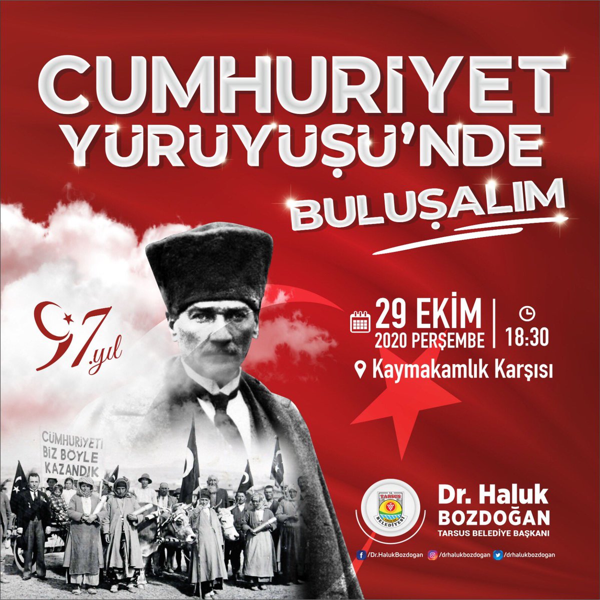 BÜYÜK BULUŞMA! 

Cumhuriyetimizin 97. Kuruluş yıldönümünde düzenleyeceğimiz CUMHURİYET YÜRÜYÜŞÜ'müze tüm halkımızı davet ediyoruz.

📌 Kaymakamlık Karşısı
🗓️29 Ekim Perşembe
🕒 18.30

#CumhuriyetYürüyüşü #29EkimCumhuriyetBayramı