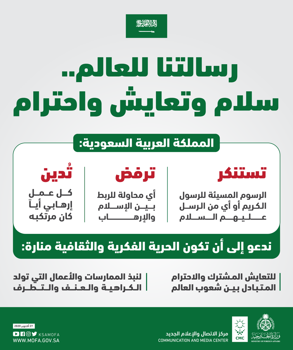KSAMOFA's tweet photo. #انفوجرافيك_الخارجية| نستنكر الرسوم المسيئة لرسولنا الكريم محمد صلى الله عليه وسلم، ولجميع الرسل عليهم السلام، وندين أي عمل إرهابي أياً كان مرتكبه https://t.co/56pXtZj9bq