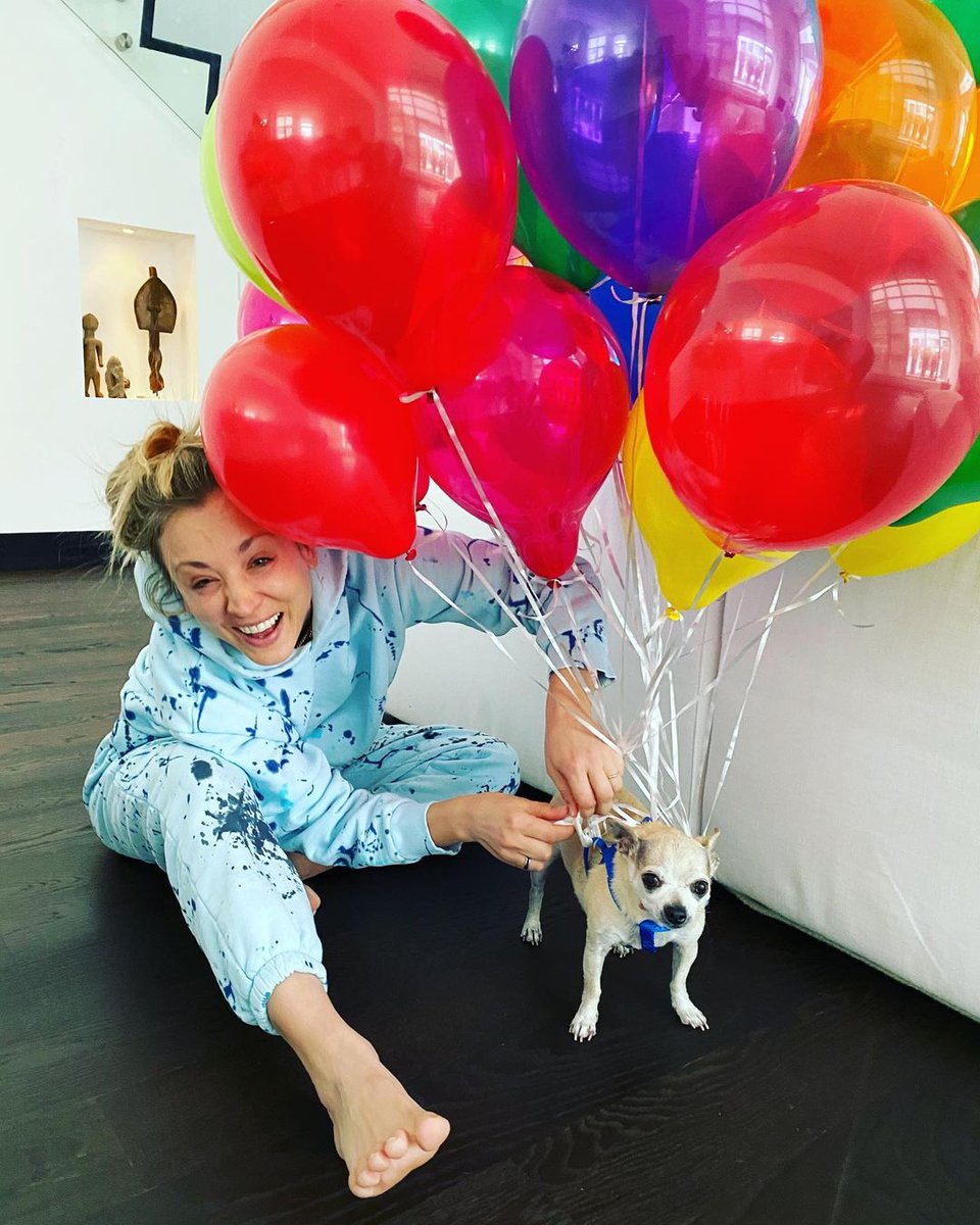 Kaley Cuoco and her dog😂🎈🤣#kaleycuoco #americangirl #blondegirl #thebigbangtheory #penny #tinydog #barefeet #funnypic #colourful #balloons