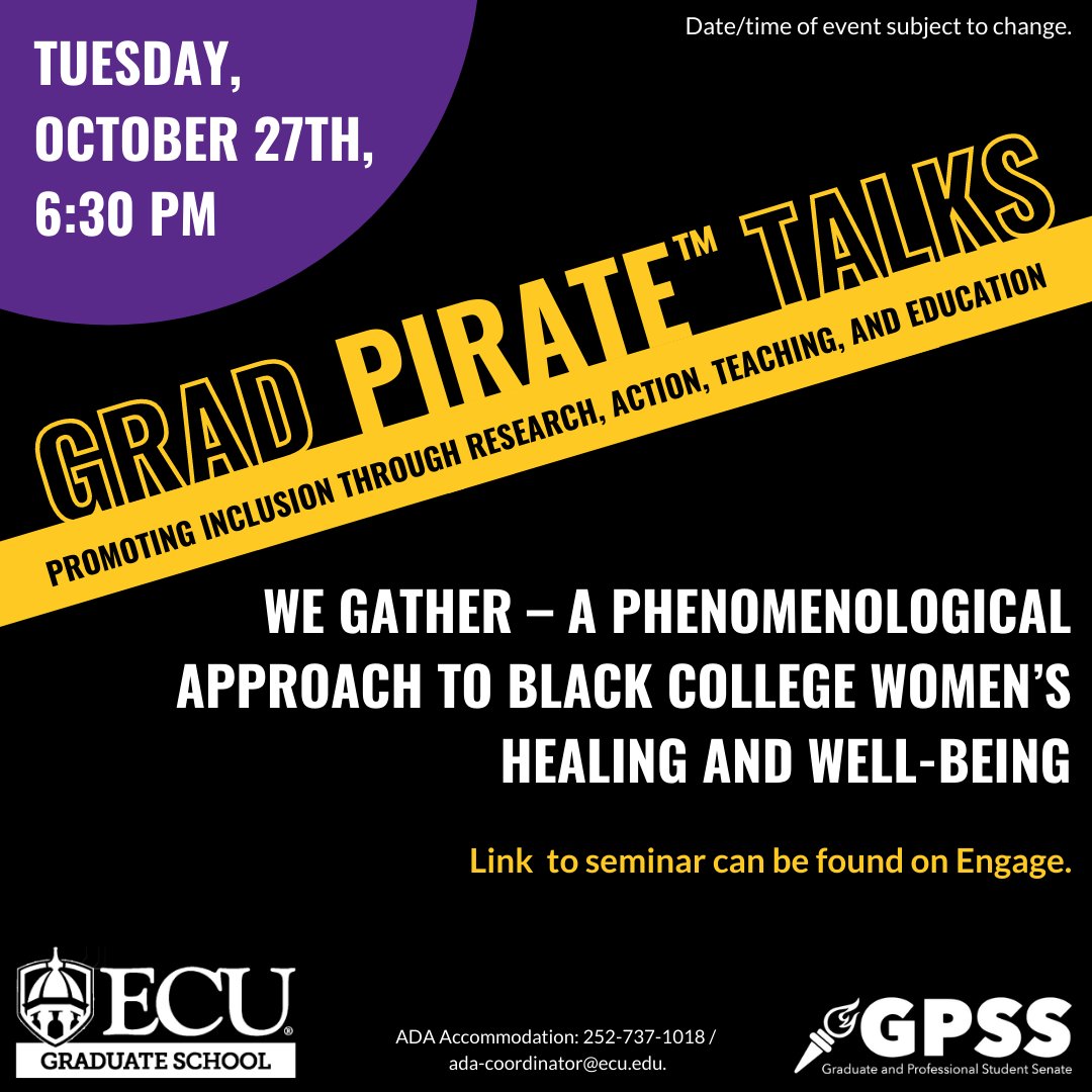 ECUGradSchool's tweet photo. Please join the #ECUGradSchool, @ecugpss, and @ECUOED tonight at 6:30pm for our #GradPirate Talk! ⤵️

You can find the link for the talk on Engage. You may also view the livestream on the ECU Graduate School Facebook page. https://t.co/vaGrmEcask