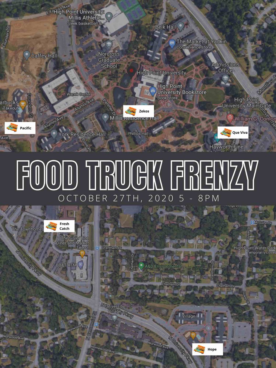HighPointU's tweet photo. It's a Food Truck Frenzy and Fall Festival! Students, food trucks will be throughout campus tonight from 5-8 p.m. TONIGHT 🚚🌯🥤 to serve YOU! Use your Magic Meal swipes at your choice of five food trucks. Then, head to Hayworth Amphitheater for pumpkin painting! 🎃 #HPU365 https://t.co/BGBwKwIOhm