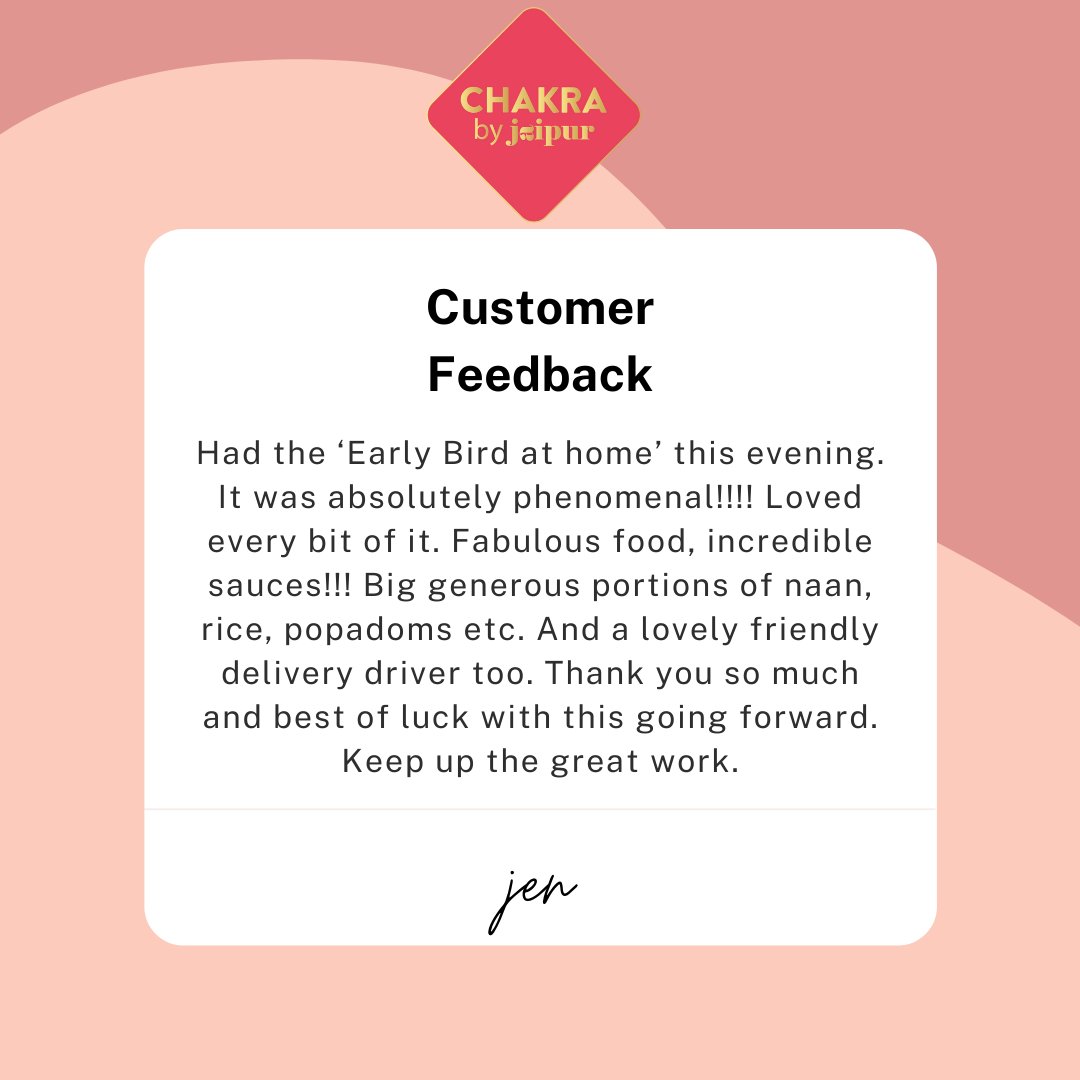 It's feedback like this that keeps us going. Thank you our lovely customers ❤️
We deliver to Greystones, Kilcoole &amp; Delgany from Tuesday to Sunday between 5pm to 8:30pm, to place orders WhatsApp 087 103 9876 or call 01 201 7222 or order online - 
chakra.ie/order-and-coll…
#chakra
