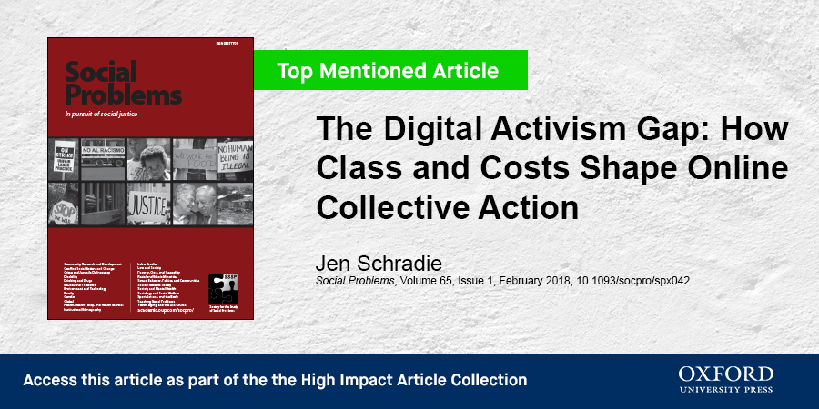 socprobsjournal's tweet photo. Have you had a chance to read "The Digital Activism Gap: How Class and Costs Shape Online Collective Action" by @schradie yet? #SocTwitter #SocialProblems #MostMentioned #MostMentionedWeek #digitalinequality #socialclass #socialmovements #collectiveaction

https://t.co/7s1x5lCfG7 https://t.co/GIxuLNceXq