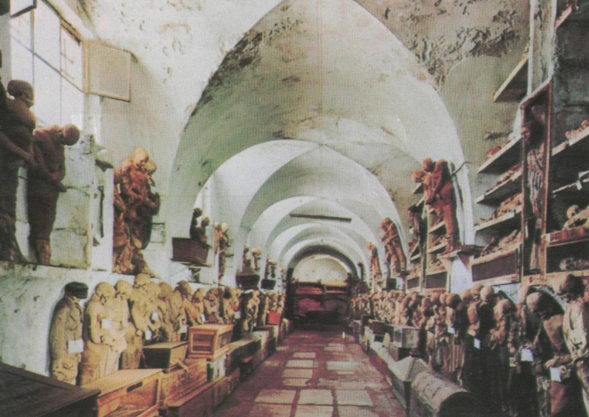 hearthspell's tweet photo. The Catacombs of Palermo, in Italy. Originally made after the local monastery outgrew its cemetery, mummification and internment in the catacombs became something of a status symbol, and later an important historical record and sometime tourist attraction. https://t.co/rZo8O1iN0k