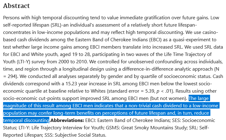 New research into an ongoing quasi-experiment of  #UBI as a result of casino dividends in North Carolina shows it has increased self-reported lifespan for men in the bottom 25% by 15 years, meaning that they're less likely to act as if they will die young. https://pubmed.ncbi.nlm.nih.gov/32432936/ 