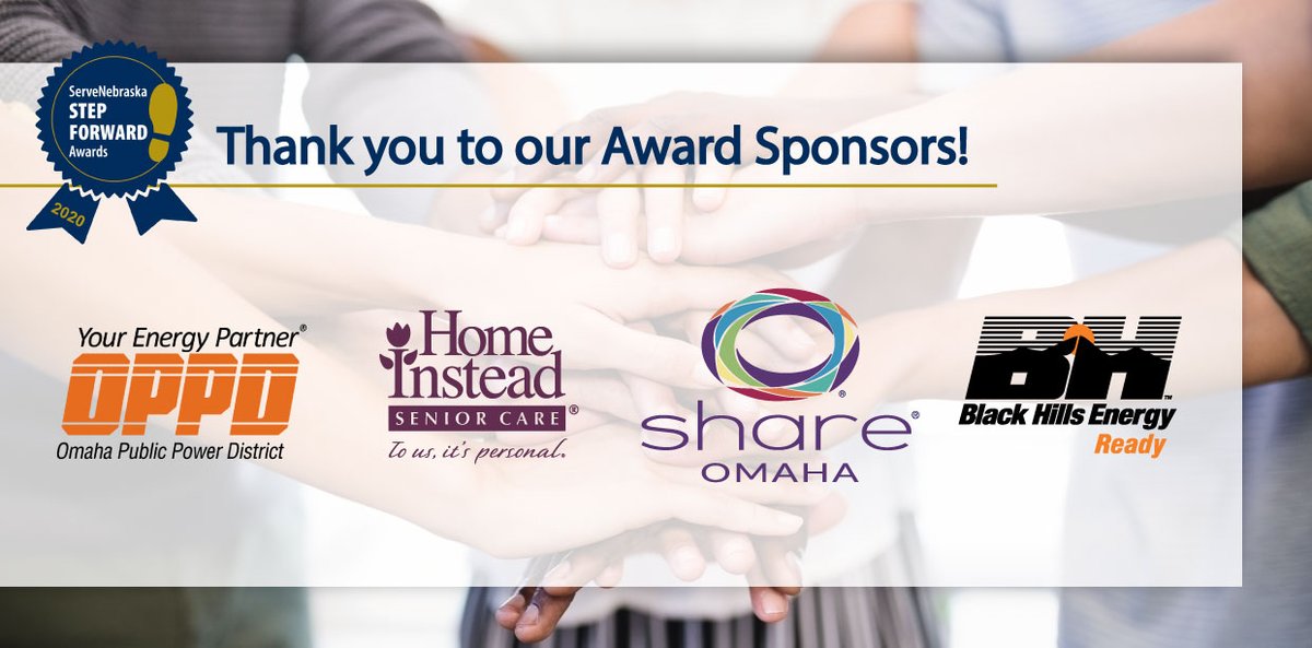 ServeNE's tweet photo. The 2020 #StepForwardAwards has 4 Award Sponsors who gave in recognition of a specific award. Thanks to Senior Volunteer Sponsor, @homeinstead; Volunteer Group Sponsor, @bhenergy; Corporate Community Volunteer Sponsor, @OPPDCares; & Lifetime Achievement Sponsor, @SHAREOmaha! https://t.co/62U0hDB7Ya